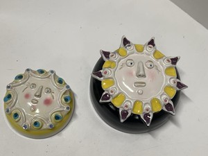 K Homan Studio Pottery Sun Moon Face Wall Pocket Plaques Pair