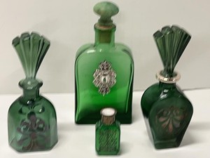 Set of 4 Italian Green Glass Decanter Bottles Sterling Silver Accents