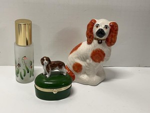 Decorative Dog Figurines Trinket Box & Frosted Glass Bottle Lot
