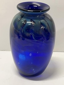 Signed Cobalt Blue Hand Blown Art Glass Vase Controlled Bubble Decor