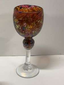 Signed Studio Art Glass Goblet Iridescent Confetti Multicolor Stem