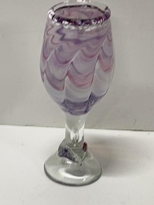 Signed Studio Art Glass Goblet Purple Pink Swirl Footed Vase