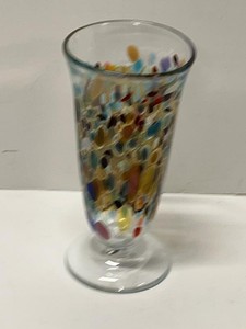 Signed Studio Art Glass Footed Vase Multicolor Confetti 8in