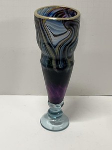 Signed Studio Art Glass Swirl Vase Purple Blue Pedestal Foot