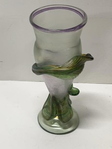 Lundberg Studios Art Glass Vase Frosted Purple Rim Green Vine 8.5in