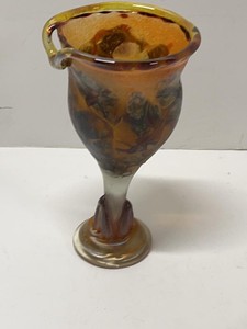 Signed Studio Art Glass Vase Amber Iridescent Pulled Stem Ruffled Rim