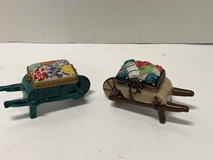 Pair of Limoges France Hand Painted Wheelbarrow Trinket Boxes