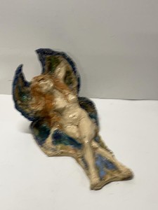 Signed Studio Art Pottery Fairy Sculpture Blue Green Glaze Figurine
