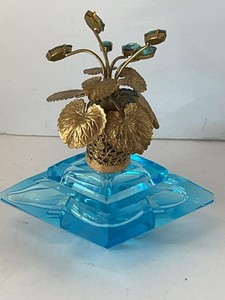Vintage Czech Blue Glass Perfume Bottle Jeweled Floral Stopper
