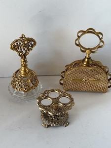 Vintage Gold Tone Vanity Accessories Perfume Bottles Lipstick Holder