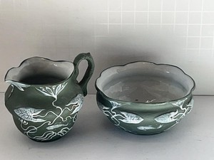 Vintage Green Art Pottery Creamer & Open Sugar Bowl Fish Relief Set