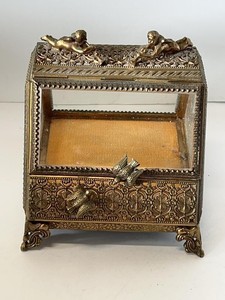 Vintage Cherub Bird Brass Tone Glass Jewelry Casket Trinket Box