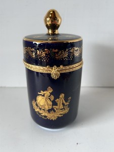 Limoges Castel Cobalt Blue Porcelain Hinged Vanity Jar 22K Gold