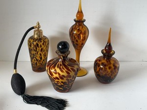 Set of 4 Silvestri Amber Tortoise Art Glass Perfume Bottles