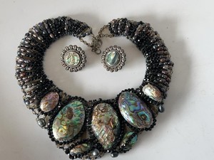 Artisan Abalone Shell Statement Necklace & Mexico 925 Earring Set