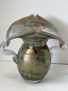 Signed Iridescent Hand Blown Art Glass Vase Applied Handles