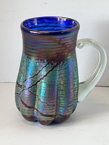 Signed Iridescent Studio Art Glass Mug Pitcher Cobalt Blue Interior
