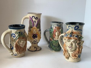 Set of 4 Handmade Art Pottery Faerie Face Relief Tankards Mugs