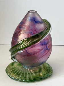 Attributed Kralik Iridescent Art Glass Vase Green Applied Trail