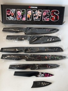 AsterCook Floral Kitchen Knife Set Black Nonstick Stainless Steel w Box