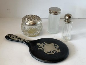 Vintage Vanity Dresser Set Hand Mirror Powder Jar Perfume Bottles