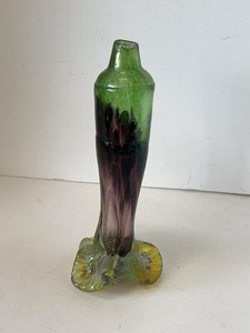 Unmarked Studio Art Glass Bud Vase Green Purple Yellow Freeform Base