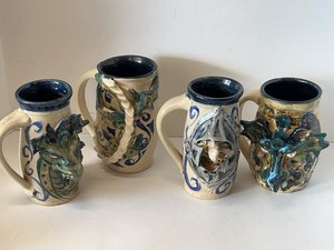 Set of 4 Handmade Fantasy Art Pottery Dragon & Gargoyle Mugs