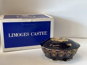 Limoges Castel Cobalt Blue 22K Gold Covered Trinket Box w Box