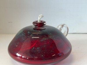 Signed Studio Art Glass Oil Lamp Ruby Red Applied Clear Loop Handle