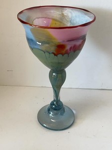 Vintage Hand Blown Art Glass Goblet Multicolor Red Rim Stemware