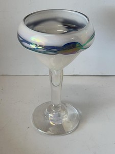 Signed Studio Art Glass Iridescent Goblet Chalice Blue Green Swirl