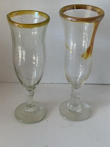 Pair of Hand Blown Art Glass Champagne Flutes Amber Applied Rim