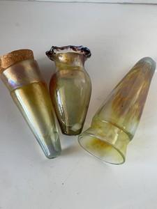 Iridescent Art Glass Bud Vases & Corked Bottle One Signed Quasar
