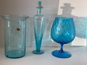 Italian Blue Art Glass Vases & Pedestal Bowl Decor Set