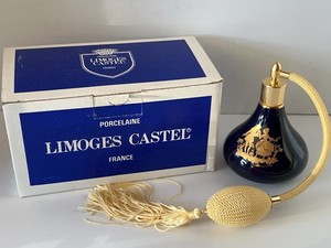 Limoges Castel Cobalt Blue Porcelain Perfume Atomizer France w Box