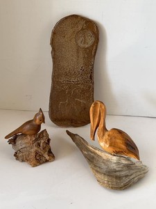 Folk Art Bird Decor Lot Wood Carvings Clay Crane Scene Plaque