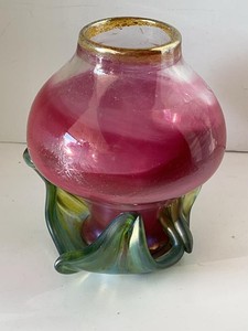 Signed Anton Iridescent Art Glass Vase Pink Rose Bowl Leaf Base