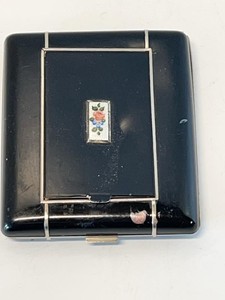Vintage Black Powder Compact Floral Enamel Accent 3 12 x 3