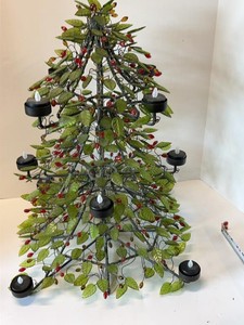 Metal Tree Tealight Candle Holder w Glass Leaves Berries 22in Decor