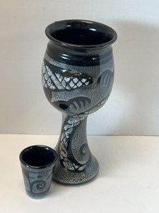 Art Pottery Goblet & Matching Cup Black Gray Speckled Ceramic