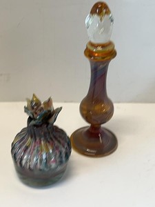 Pair of Hand Blown Art Glass Perfume Bottles w Stoppers 7in Tall