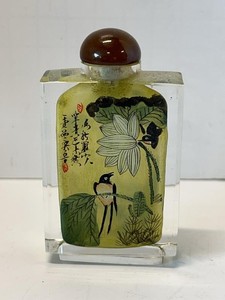 Chinese Reverse Painted Glass Snuff Bottle Birds Lotus 4.5in