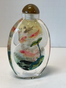 Chinese Inside Painted Glass Snuff Bottle Fish & Lotus Scene