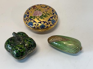 Set of 3 Vintage Cloisonne Enamel Trinket Boxes Floral Pumpkin Corn