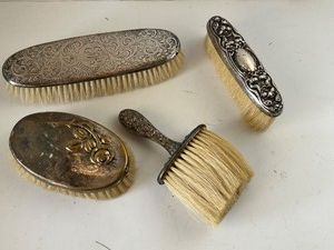 Set of 4 Vintage Sterling &amp Silverplate Vanity Brushes Floral Repousse