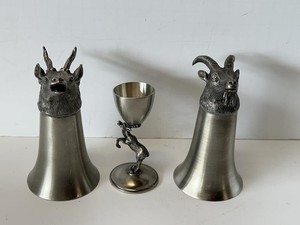 Set of 3 Pewter Animal Figural Goblets Beakers Deer Ram Goat