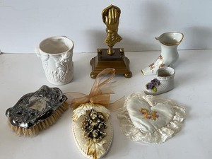 Box Lot of Vintage Porcelain Shoes Brass Hand Vanity Brush Decor