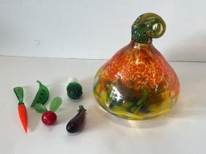 Signed Art Glass Pumpkin With Blown Glass Vegetable Figurines Set