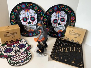 Mixed Halloween Decor Lot Sugar Skull Plates Avon Cat Bag Witch Crow