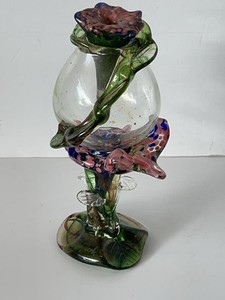 Signed Mast Art Glass Floral Vase w Removable Flower Stopper 8.5in